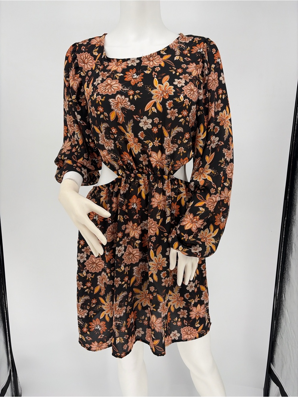 Black Floral Cutout Mini Dress with Long Sleeves